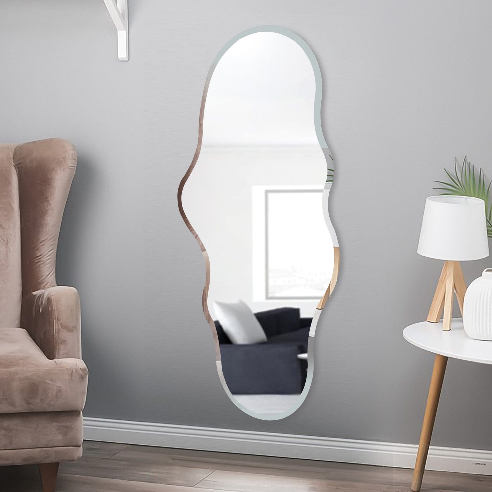 AUA CROWN HOME DECOR FURNITURE STORE Unique 47X23 Inch Full Length Wall Mounted Mirror Tall Mirror Full Body Floor Length Mirror Dressing Body Mirror Frameless Mirror for Bedroom Bathroom Living Room, Irregular Shape Mirror, White
