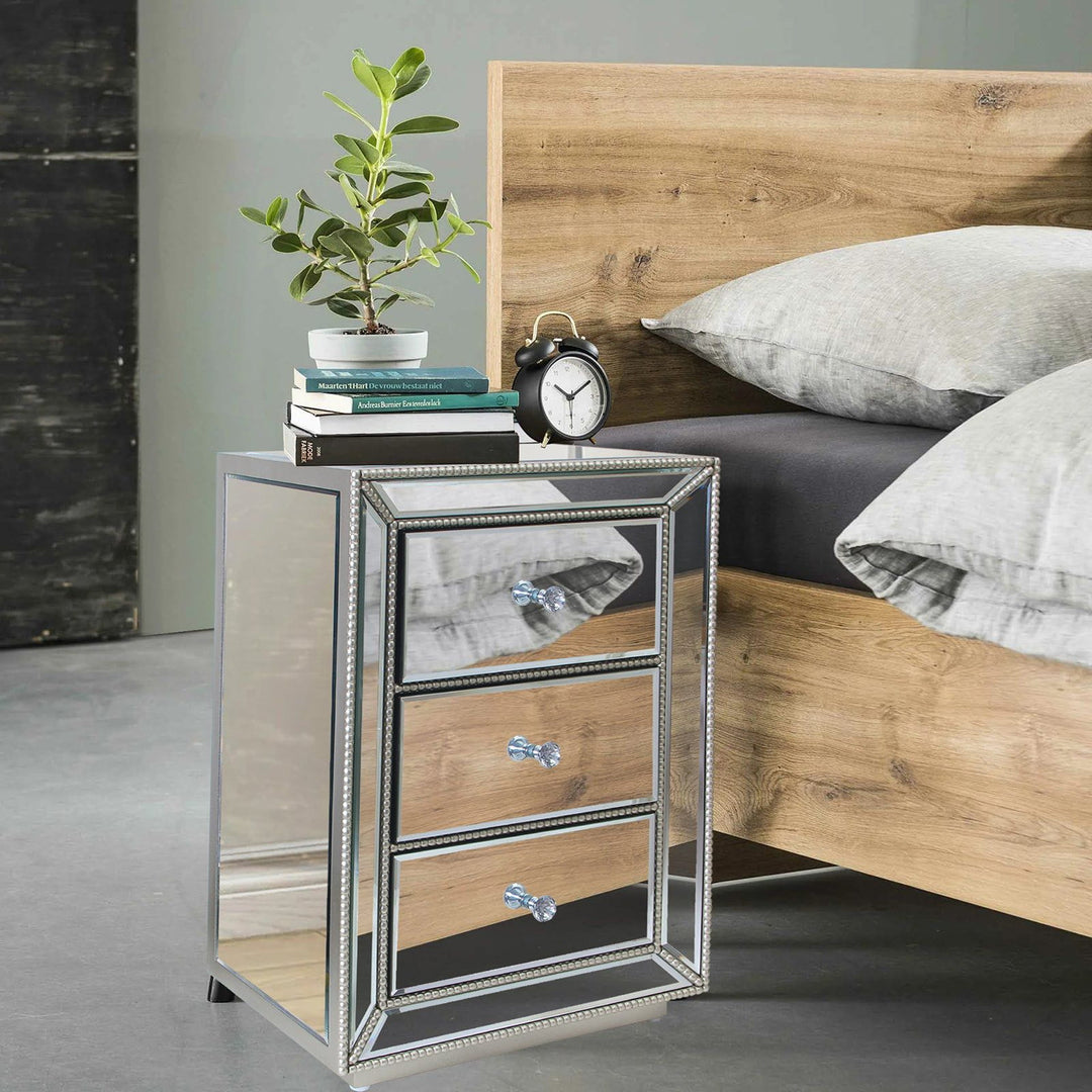 AUA Mirrored Nightstand Silver End Table with 3 Drawers AUA CROWN HOME DECOR FURNITURE STORE